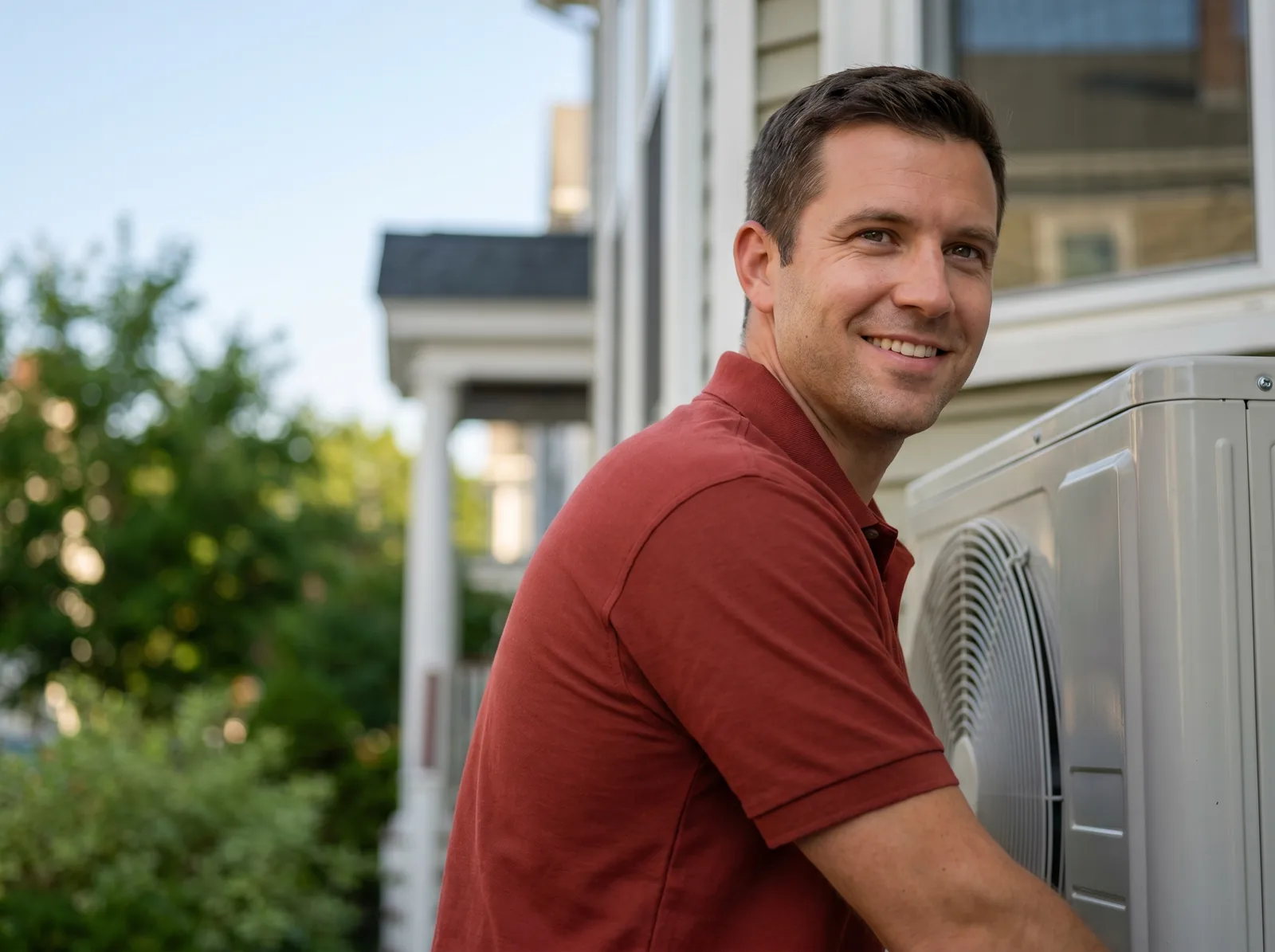 HVAC technician beside a newly installed AC condenser at a Boston home