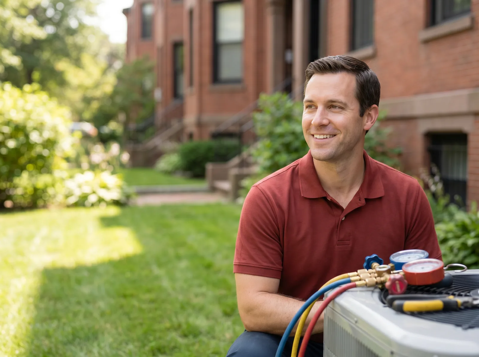 HVAC technician repairing an air conditioner condenser at a Boston home