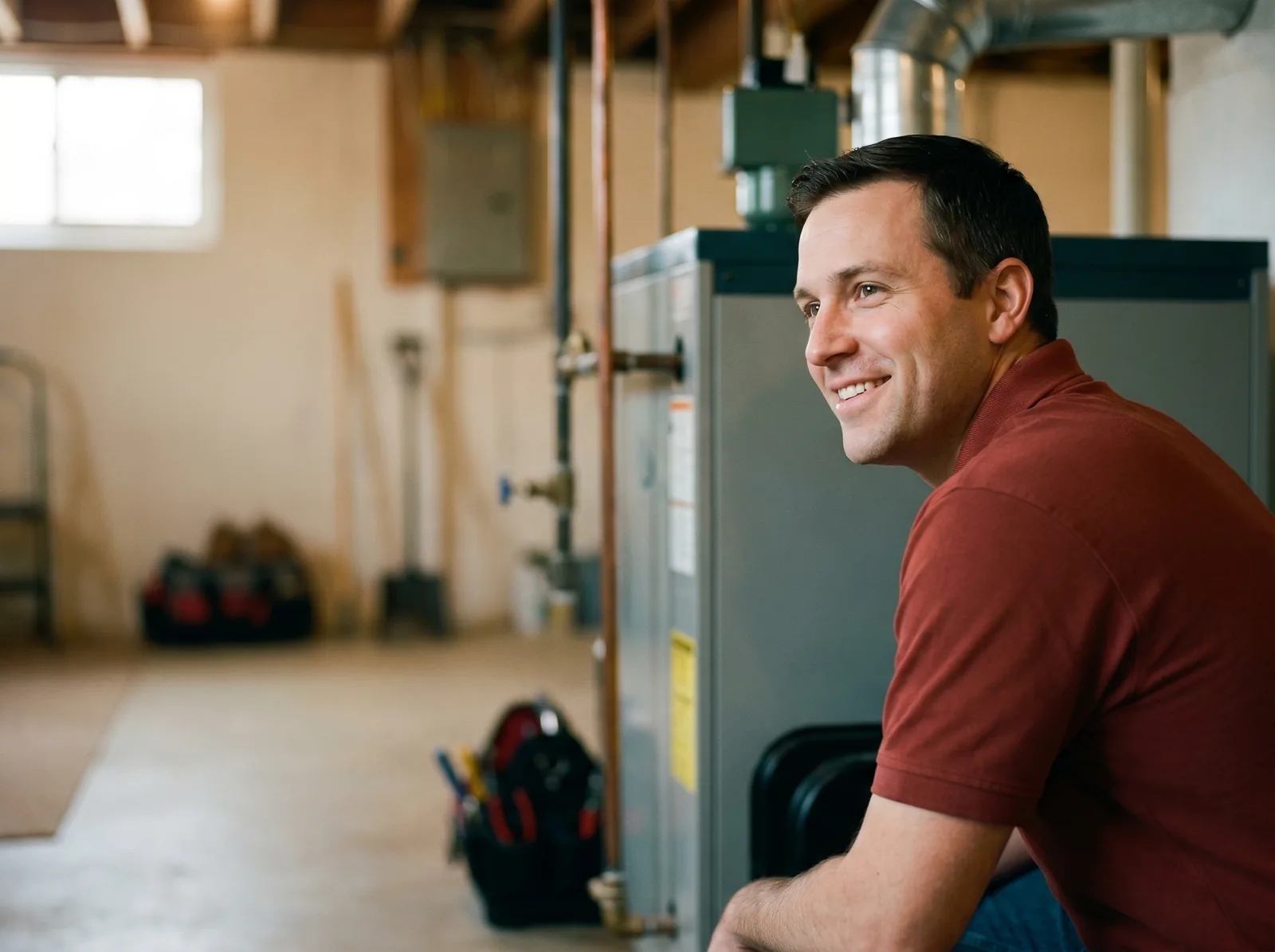 HVAC technician servicing a steam and hot-water boiler in a Boston basement