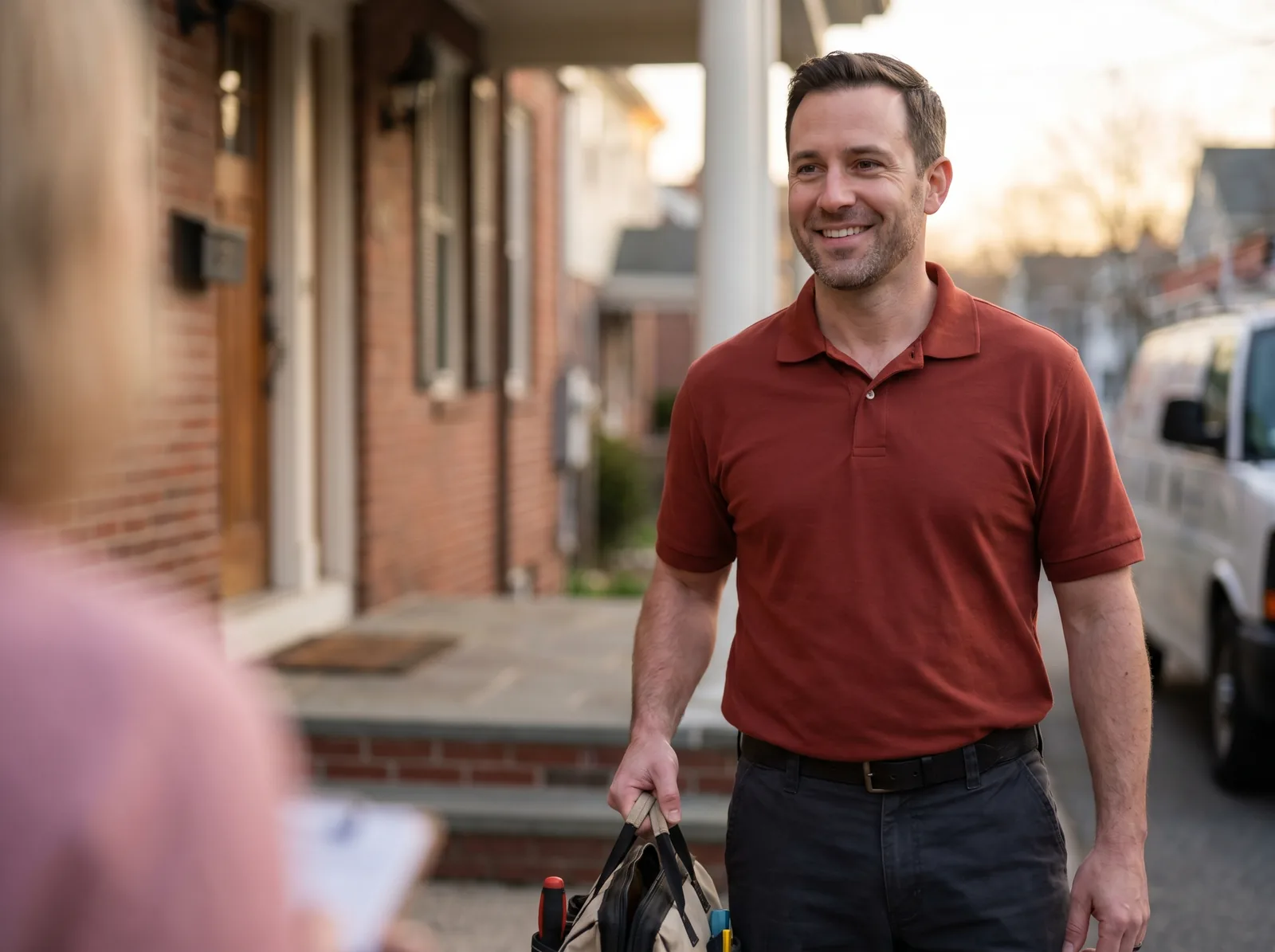 HVAC technician arriving for an emergency service call at a Boston home