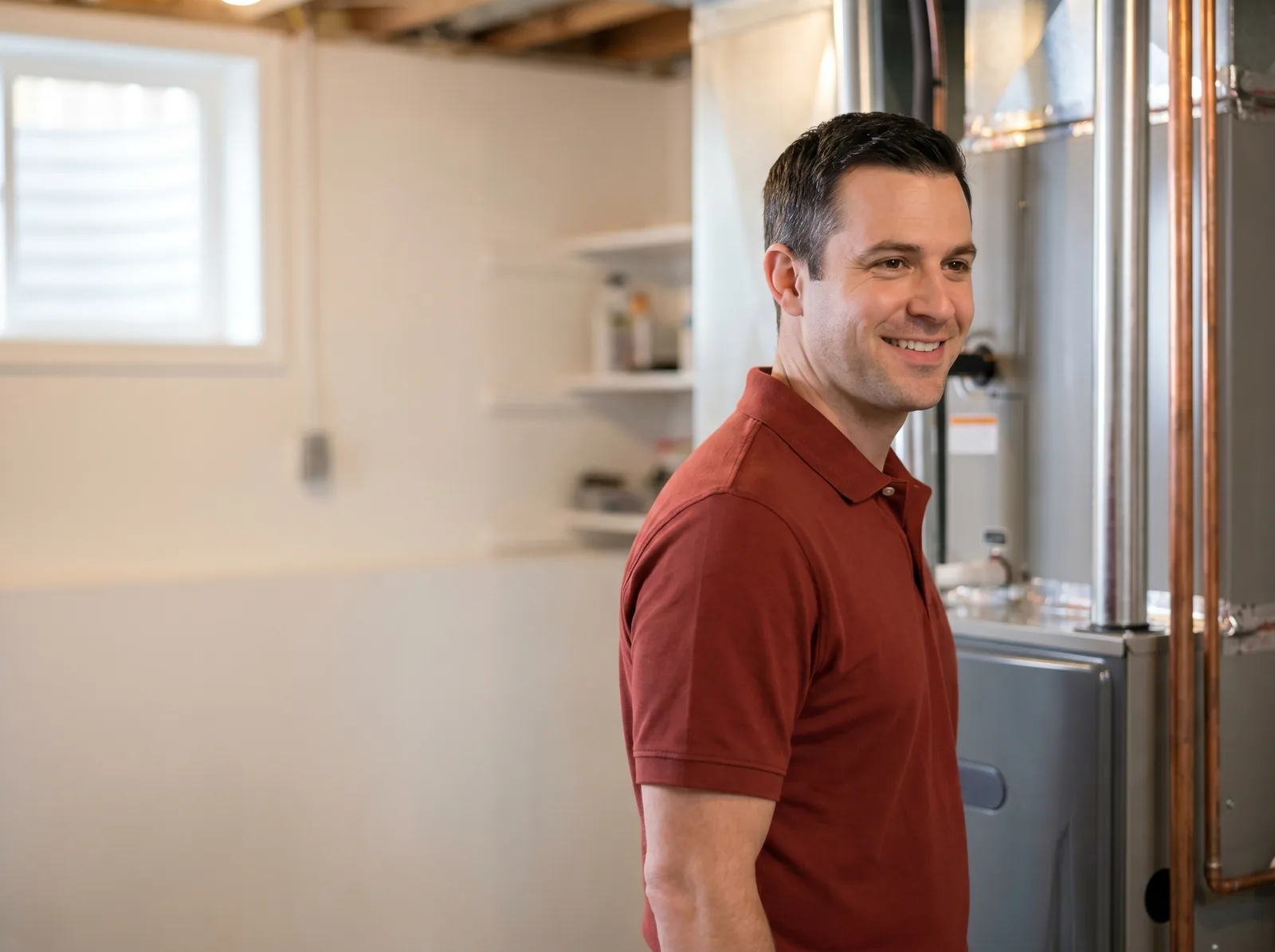 HVAC technician beside a new high-efficiency furnace in a Boston basement