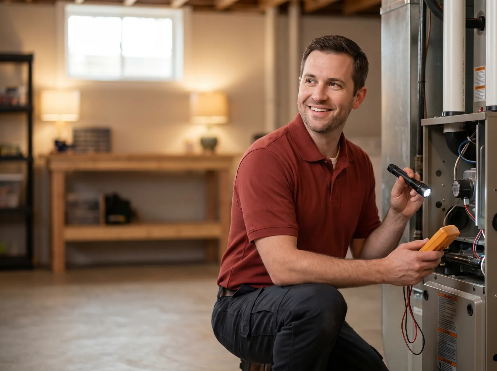 HVAC technician repairing a gas furnace in a Boston basement