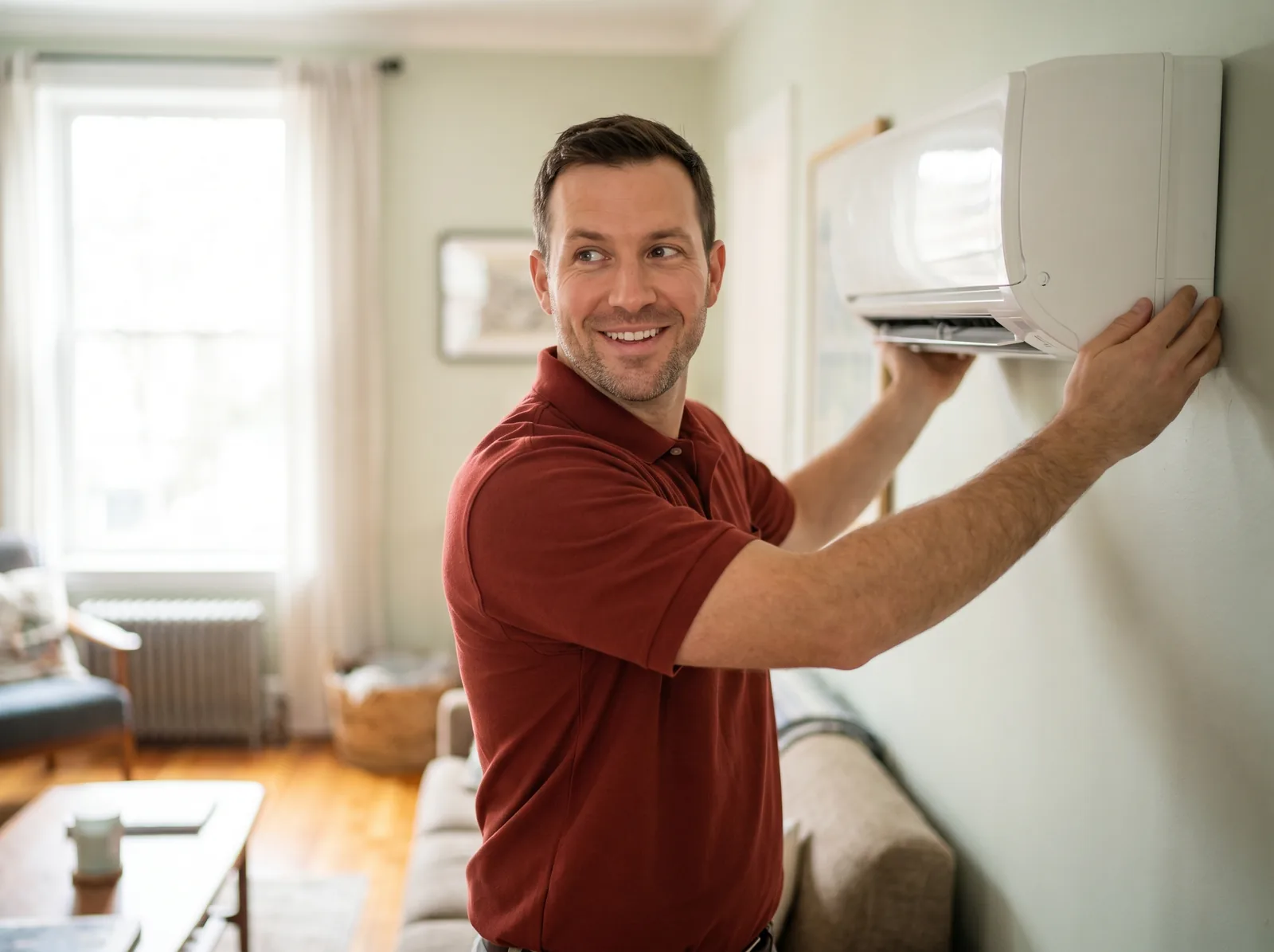 HVAC technician installing a ductless mini-split heat pump in a Boston home