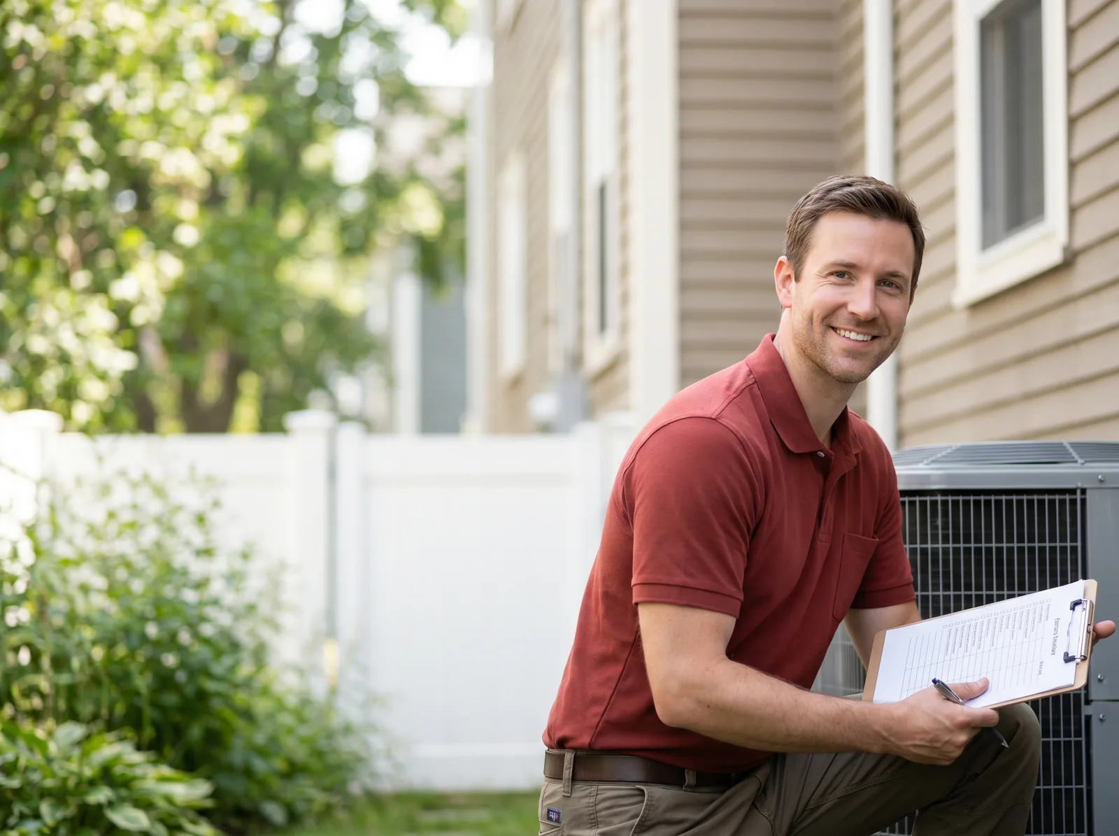 HVAC technician performing a seasonal HVAC tune-up at a Boston home