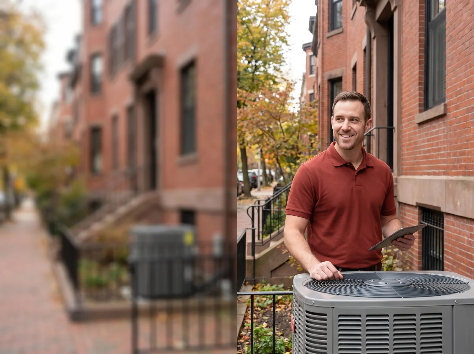 Boston Comfort Pros HVAC technician beside an air conditioner at a Boston home